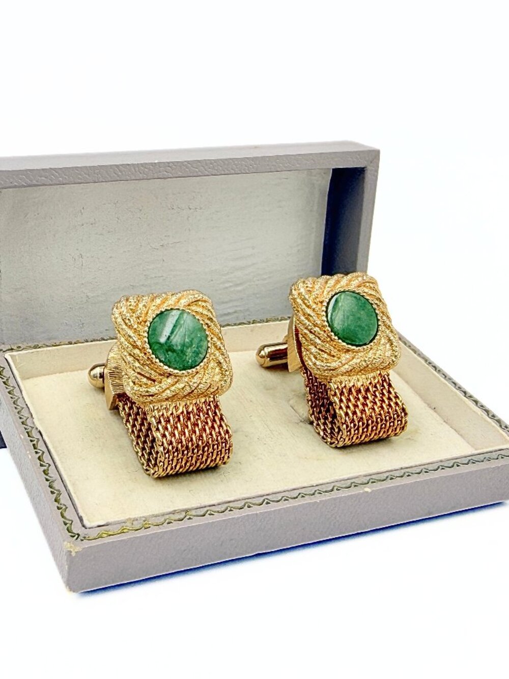 Distinguished MCM Textured Gold Plated Mesh Nephrite Jade Cufflinks
